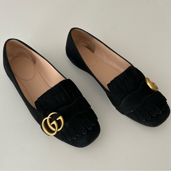 Gucci Black Leather Suede GG Marmont Fringe Ballet Flats Loafers Size 37 - Picture 1 of 13